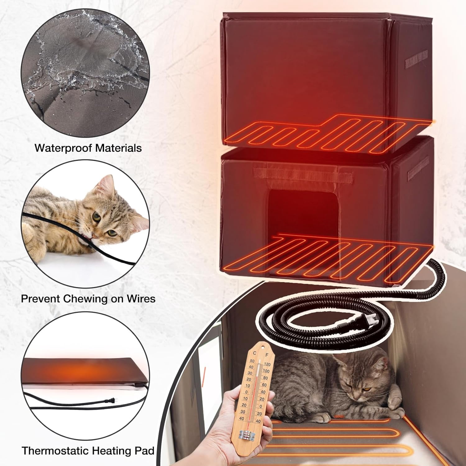 Heated Outdoor Cat House Insulated, 2-Story Outside Feral Cat Shelter with Weatherproof Roof and 2 Escape Doors, Kitty Condo with Heating Pad and Insulated Liner in Winter