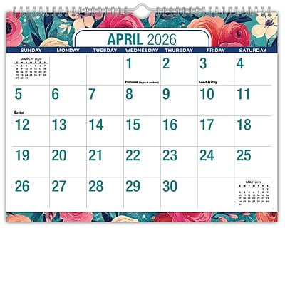 2026-2027 Excello Brands 8.5" x 11" Academic Monthly Wall Calendar, Teal Floral (NAY27-8511WC-17)
