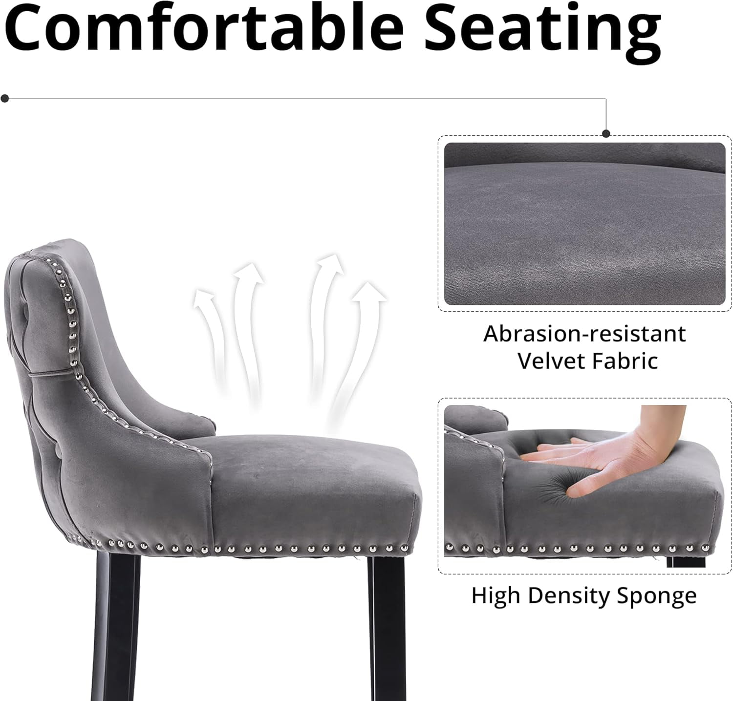 Velvet Wing-Back Bar Stools Set of 2, Button Tufted with Nailhead Trim & Solid Wood Legs, Counter Height Bar Chairs for Kitchen Island Dining Room Pub，Gray