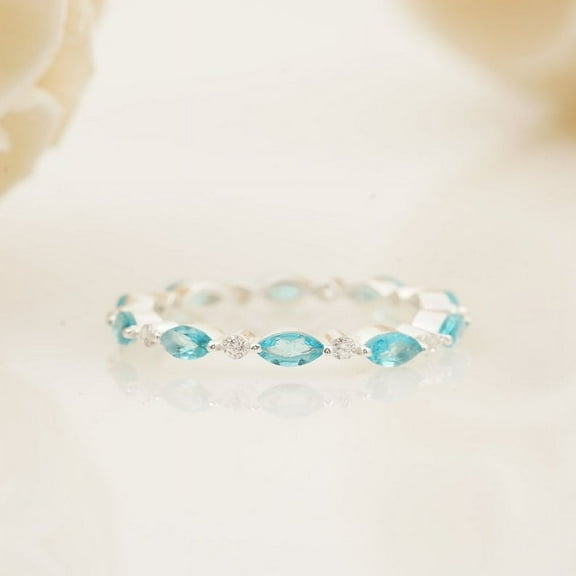 Marquise-cut Aquamarine wedding band Moissanite Diamond unique white gold Ring Alternating Stacking Anniversary Engagement Gift Ring For Her