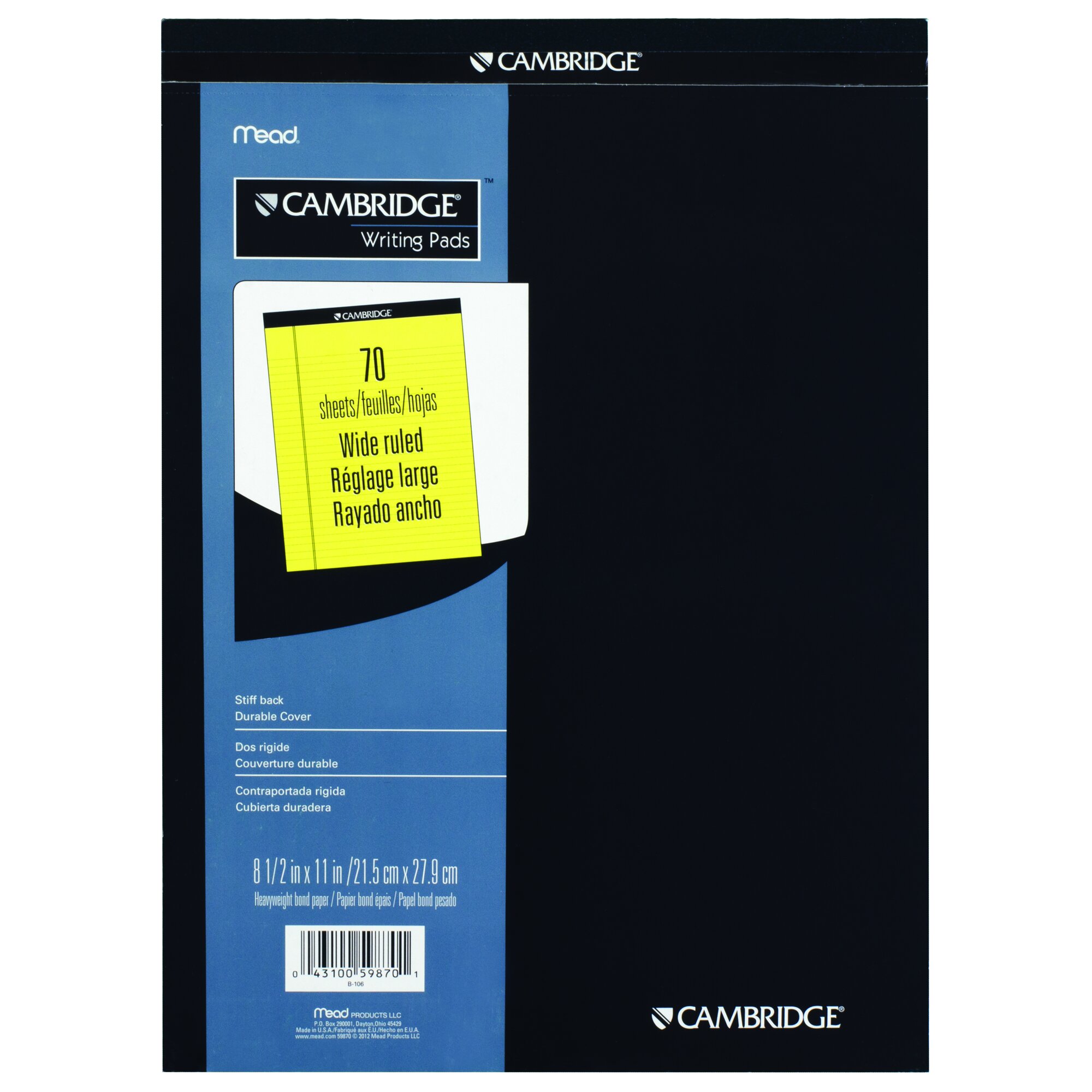Cambridge StiffBack Legal Pad, Wide Ruled, 8.5in X 11in, 70 Sheets