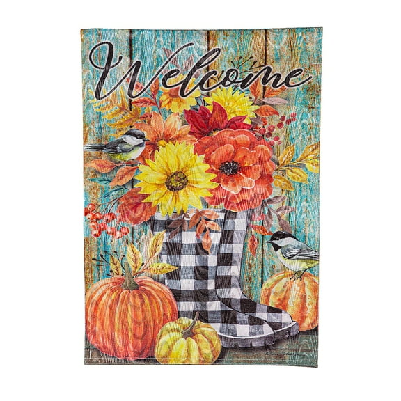Evergreen Fall Welcome Boots Moire Garden Flag 12 x 18 Inches Indoor Outdoor Decor