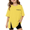 thumbnail image 1 of HJYCHN Chemises pour Filles T-Shirt à Manches Courtes Fendu avec Imprimé de Lettres Col Rond Haut Décontracté pour le Confort Quotidien Hauts Mignons pour Filles Jaune 3-4 Ans, 1 of 4