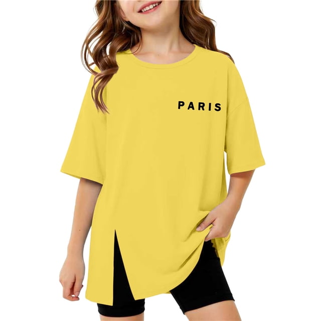 HJYCHN Chemises pour Filles T-Shirt à Manches Courtes Fendu avec Imprimé de Lettres Col Rond Haut Décontracté pour le Confort Quotidien Hauts Mignons pour Filles Jaune 3-4 Ans