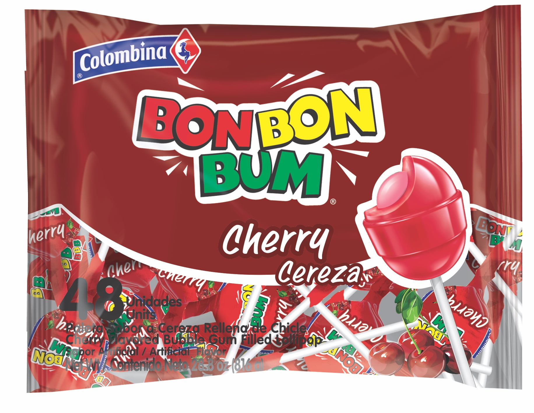 Bon Bon Bum Cherry Lollipops with Bubble Gum Center, 48 Count
