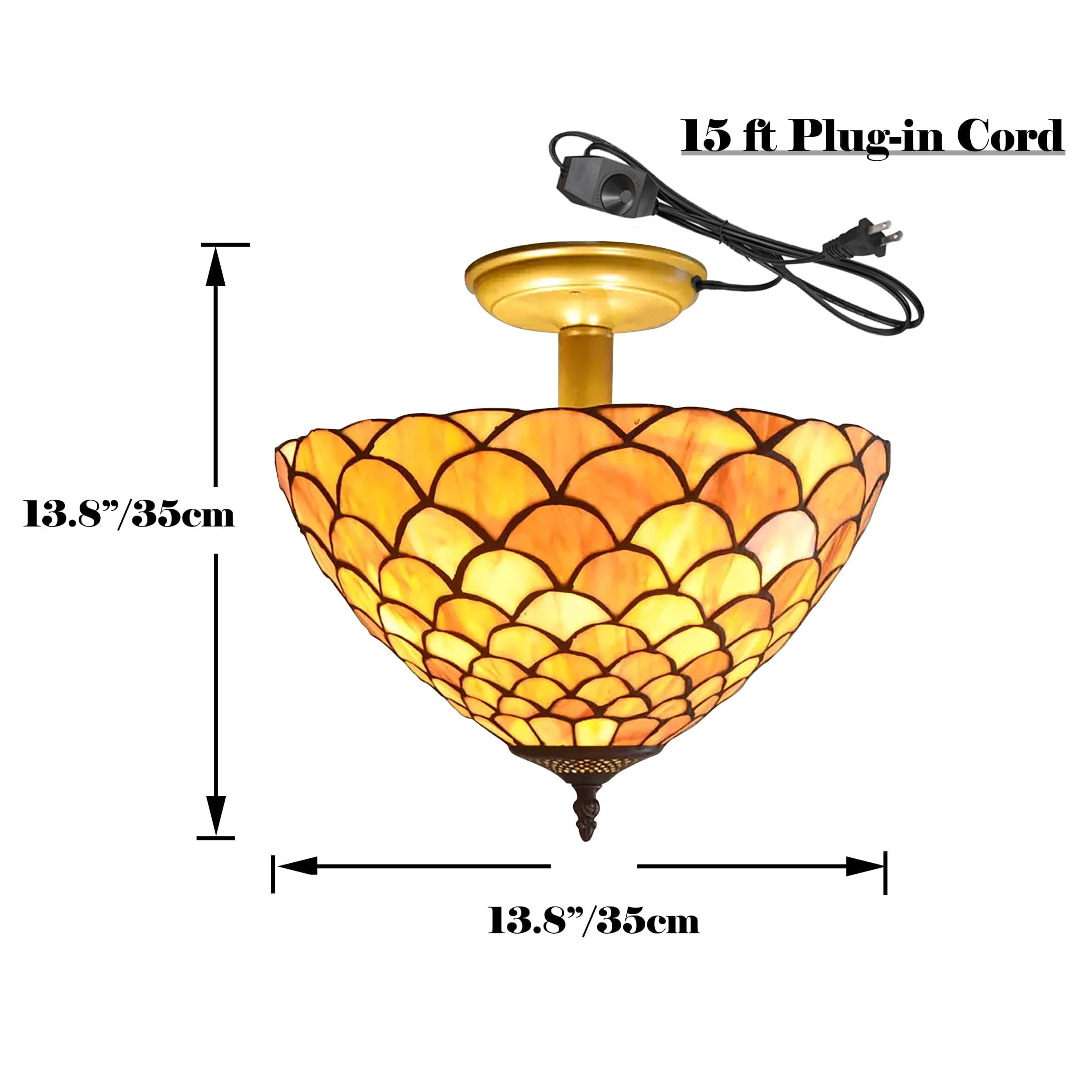 Kiven 13.8in Plug-in Flush Mount Ceiling Light Fixture, 3-Light Anti Glare Close to Ceiling Light with 15FT Cord, Tiffany-Style Glass Chandelier Dimmable for Bedroom Kitchen Hallway(No.3206)