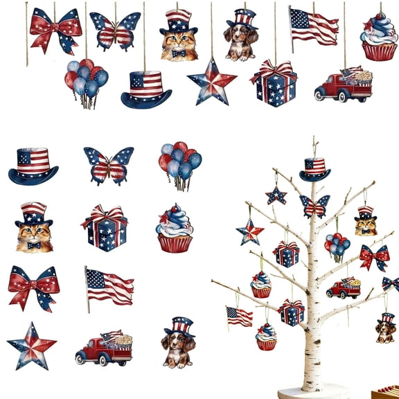 12PCS 4th of July Ornaments for Tree Wooden Patriotic Ornaments Memorial Day Tree Decorations 250th USA Anniversary Ornaments Red White Blue Independence Day Hanging Home Party Decor
