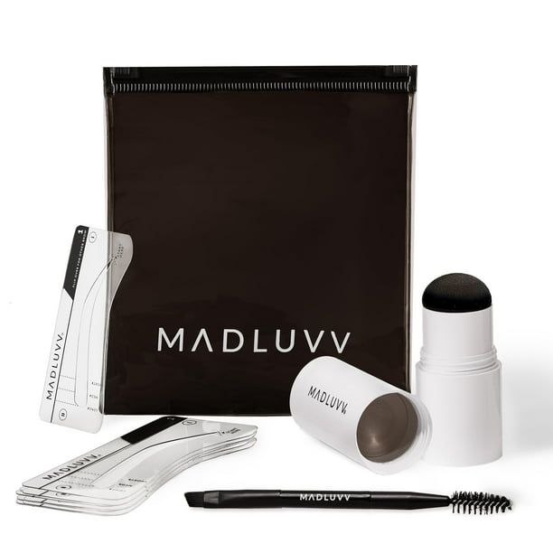 Kit de sellos para cejas Madluvv con plantillas: perfilador fácil para cejas de aspecto natural. Kit de plantillas para cejas popular entre profesionales. Incluye 9 formas, cepillo, bolsa de viaje y s