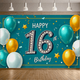 thumbnail image 5 of Teal Background Happy 16th Birthday Banner with Balloons Stars and Confetti Party Supplies Photography Props Birthday Decoration Backdrop Decorations, 5 of 8