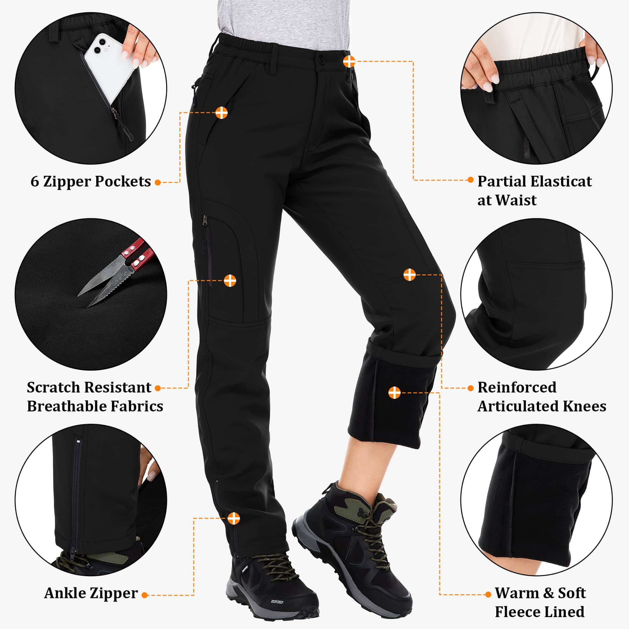 FEN AI Women's Fleece Lined Snow Pants Water Repellent Insulated Softshell Pants Outdoor Snow Ski Pant Winter Warm Hiking Trousers Black