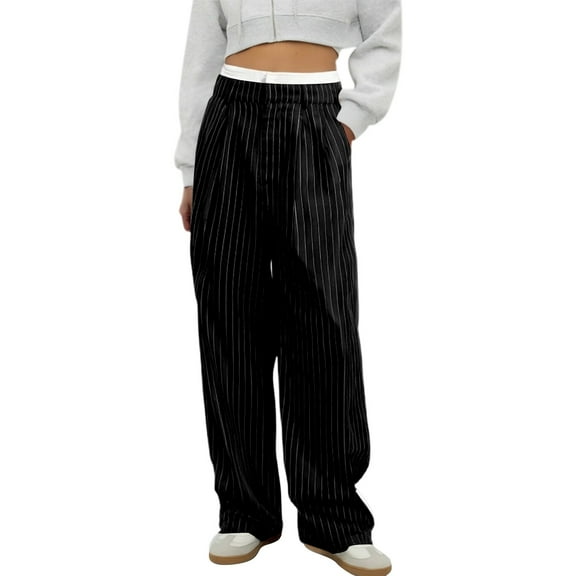 DHFJKG Women's Striped Casual Suit Pants High Waisted Patchwork Straight Leg Relaxed Fit Pant With Pockets Comfort Trousers