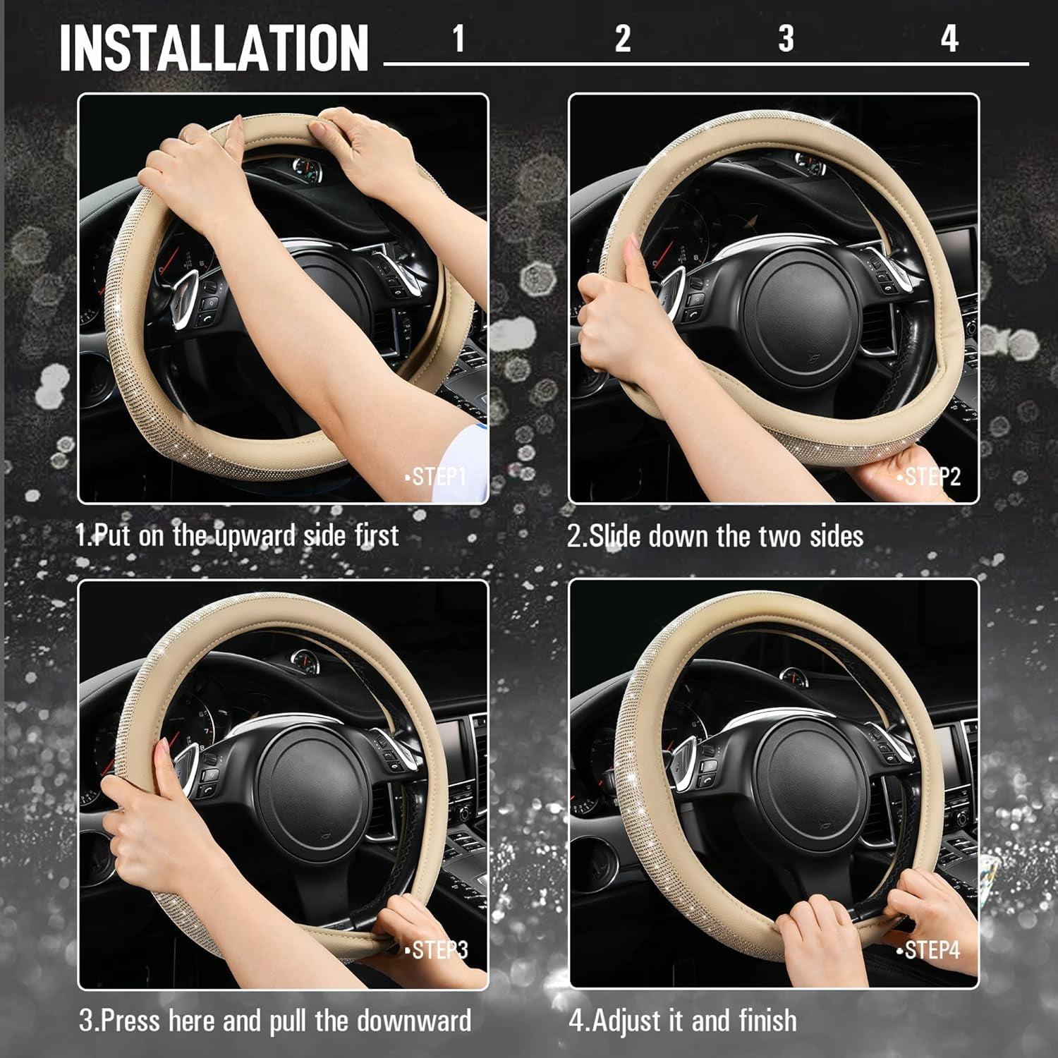 Bling Diamond Leather Steering Wheel Cover, with Sparkly Crystal Glitter Rhinestones Universal Fit 14"1/2-15" Car Wheel Protector for Women Fit Suvs, Vans, Sedans, Car, Trucks