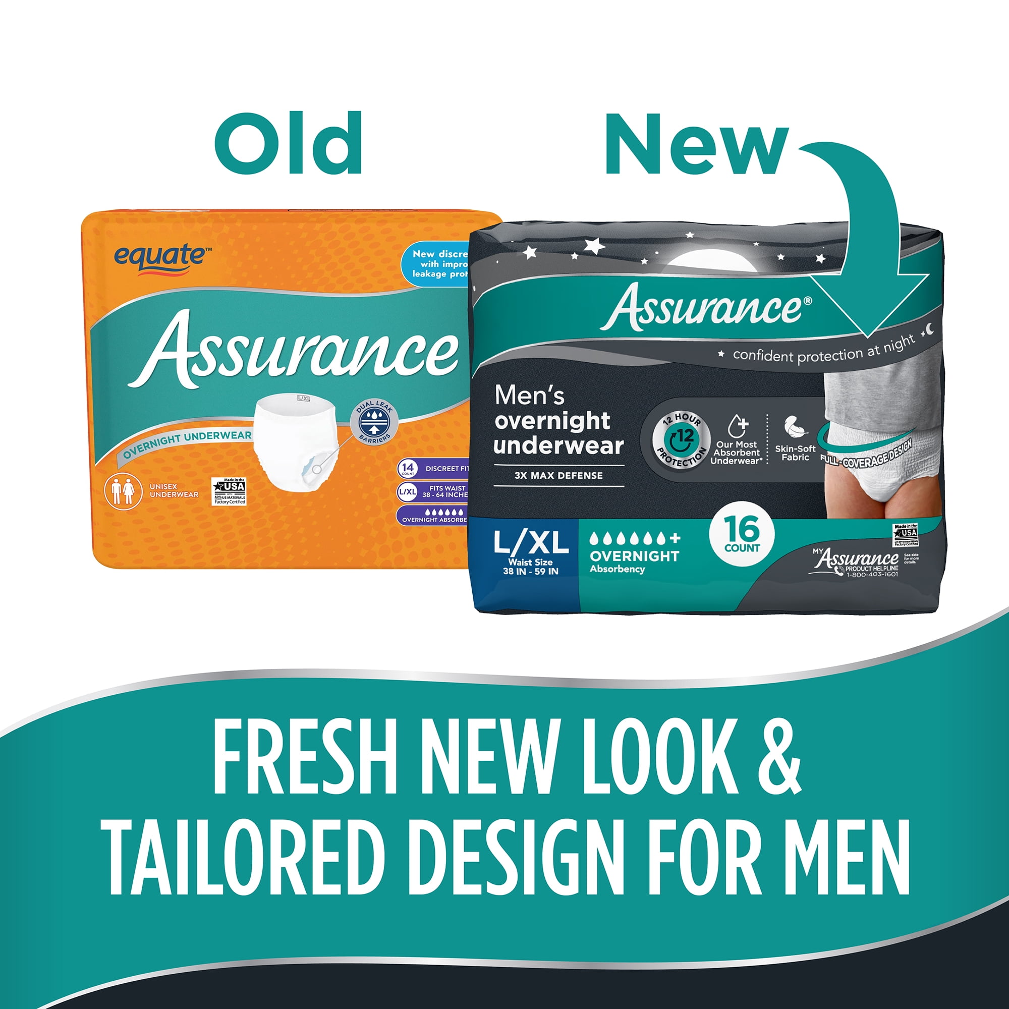 (2 pack) Assurance Men's Overnight Incontinence Underwear, L/XL, Ultimate Absorbency, 16 Count