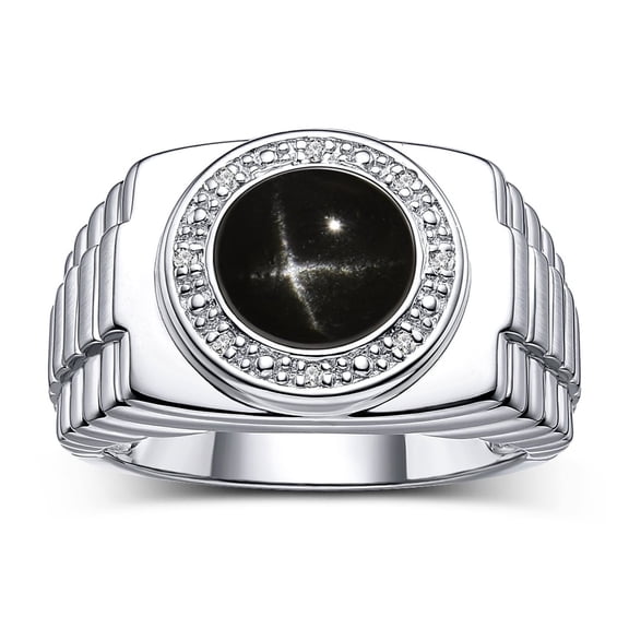 RYLOS Men's Rings 14K White Gold Ring Cabochon Gemstone & Diamonds Designer Style Black Star Sapphire Rings For Men Size 8