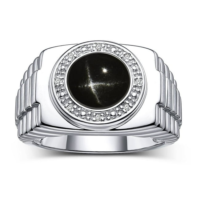RYLOS Men's Rings Sterling Silver Ring Cabochon Gemstone & Diamonds Designer Style Black Star Sapphire Rings For Men Size 8