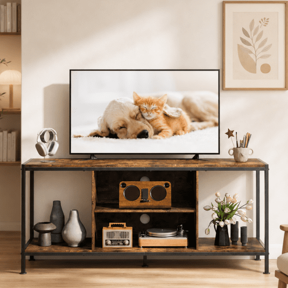 Aiho Mid-Century Wooden TV Stand for TVs up to 65" with Open Storage Shelves and Metal Frame - Retro