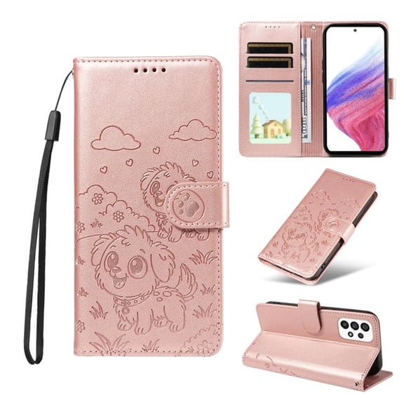 For Samsung Galaxy A53 5G Litter Dog Embossing Leather Phone Case with RFID Blocking Card Slot Wallet Magnetic Clasp Lanyard Flip Stand Case,Pink,For Galaxy A53 5G
