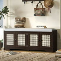 WGYPRIME Country Style Storage Bench, Multifunctional Wood Entryway Shoe Bench with Removable Cushion and Woven Rattan Doors, Shoe Organizer for Hallway, Living Room