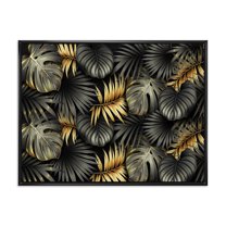 Designart 'Gold and Black Tropical Leaves II' Modern Framed Canvas Wall Art Print
