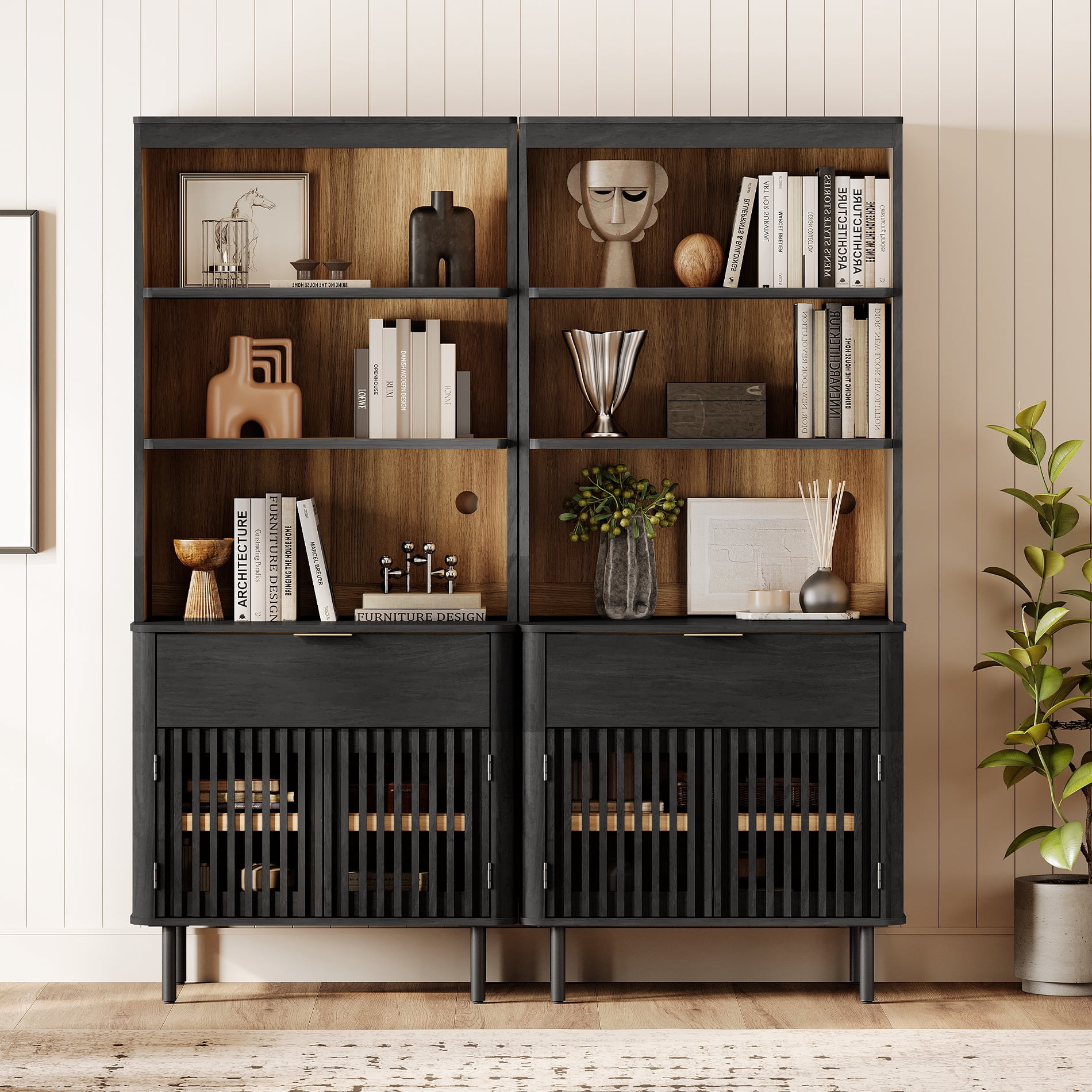 72.8 Inch Tall Bookshelf with Storage Cabinet, 6 Tier Bookcase with Drawer & Adjustable Shelf,Black