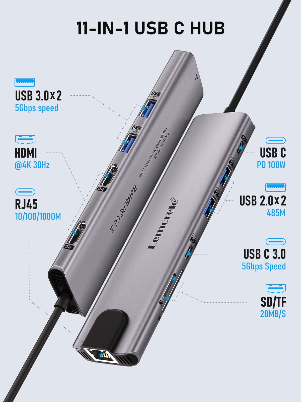 Lemorele 11-in-1 USB-C Hub Dual Display Laptop Docking Station,with 4K HDMI, 1Gbps Ethernet,5*USB Ports,100W Power Delivery, SD/TF Card Reader,USB-C Adapter for MacBook XPS Surface