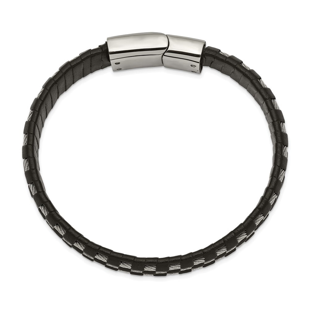 Diamond2Deal Stainless Steel Polished Wire Cable and Black Leather Bracelet for Men 8.5"