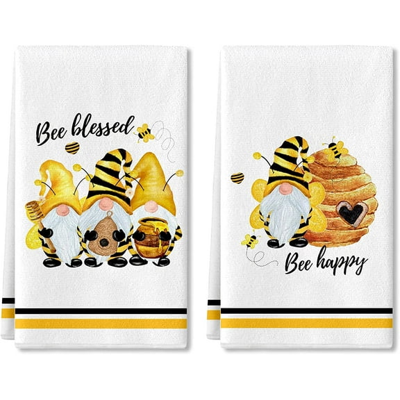 SPXUBZ Kitchen Towels, Yellow Gnome Honeycomb Bee Happy For Home Kitchen Decor Housewarming Gift Towels Set of 2