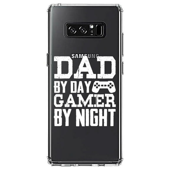 DistinctInk Clear Shockproof Hybrid Case for Samsung Galaxy Note 8 - TPU Bumper Acrylic Back Tempered Glass Screen Protector - Dad By Day Gamer By Night