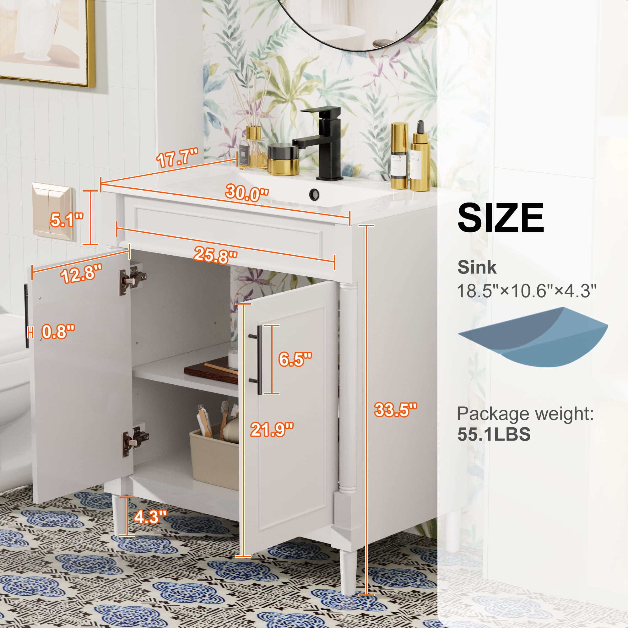 30" Freestanding Bathroom Vanity with Ceramic Sink Top, Faucet, Classic Tapered legs