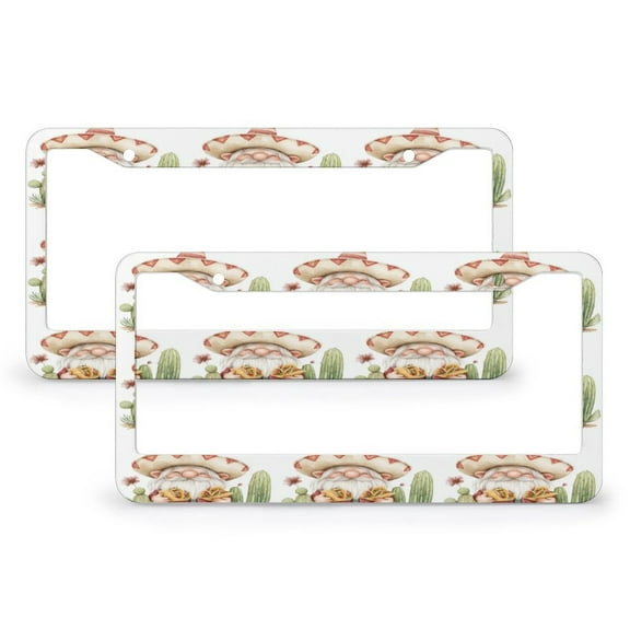 Cute Gnome with Cacti And Tacos License Plate Frames 2 Pcs Set Cactus Desert Plant Funny License Plates for Girl Women Men Vehicles 2 Round Holes Stainless Aluminum License Plate Frame