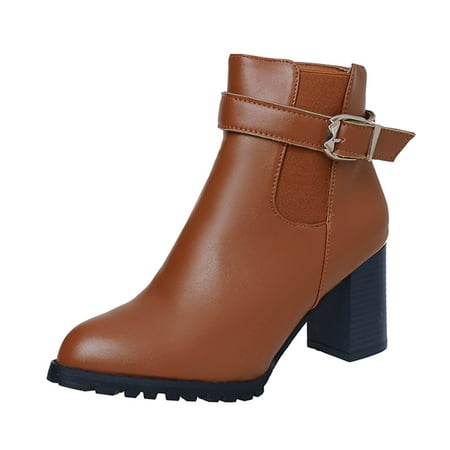 

Boots Women s Casual Roman Short Ankle Chunky Heels Leather Shoes