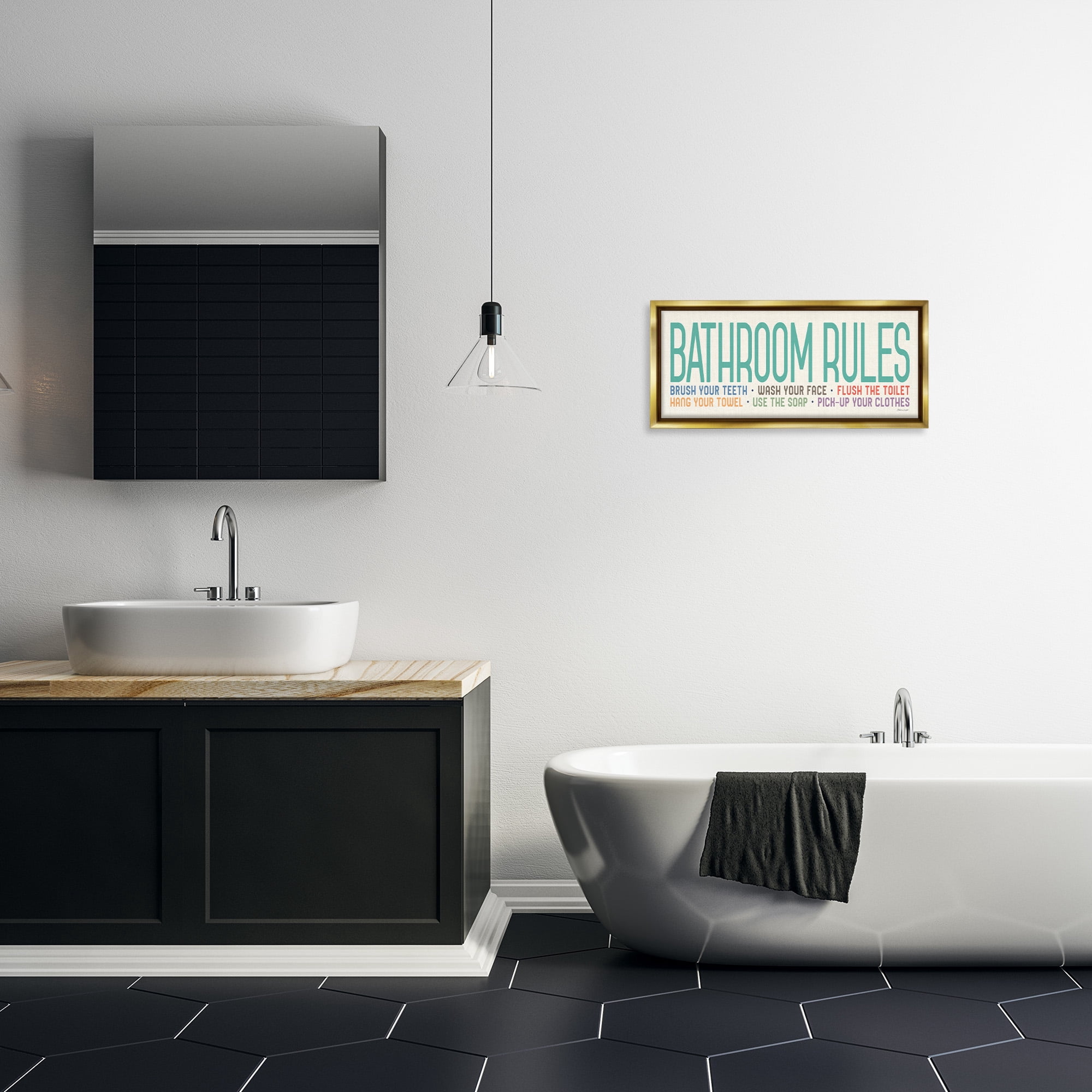 Stupell Industries Bathroom Rules with Teal Text Abstract Painting Gold Floater Framed Canvas Art Print Wall Art, 25 x 11