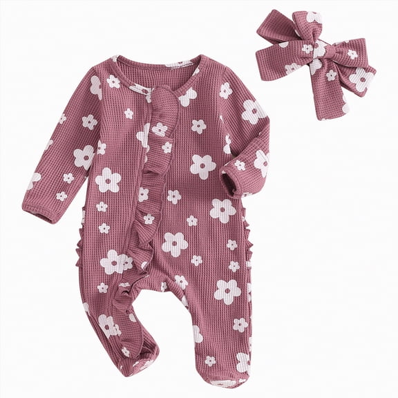 CAICJ98 Newborn Baby Girl Fall Winter Outfits Clothes Knit Jumpsuit Ruffle Romper Infant Coming Home Spring Outfit for Baby Girl (Purple,0-3 Months)