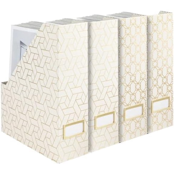Decorative Foldable Magazine Storage Boxes for Desk - Set of 4 Gold Magazine Holders with Cream Woven Design – Vintage Magazine File Organizer – Book Bins & Office Décor Storage Solution