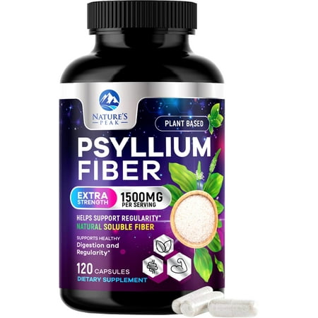 Psyllium Husk Fiber Supplement 1500mg - Vegan Prebiotic, Soluble Fiber for Daily Digestive Health & Regularity Support, Natural Psyllium Powder Caps, Sugar-Free, Non-GMO & Gluten-Free - 120 Capsules