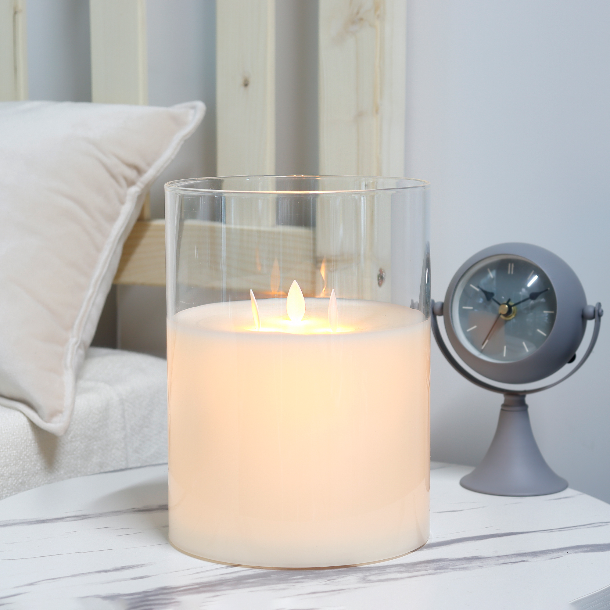 JHY DESIGN 3-Wick Flicker LED Flameless Pillar Candles with Timer, Real Wax, Battery Operated, 8'' High