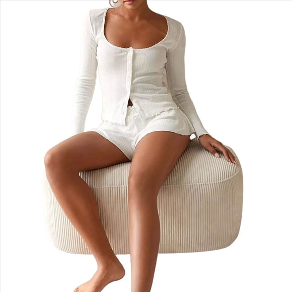 Conjunto de Pijama para Mujer, de Larga, con Botones, Top y Pantalones Cortos con Volantes, Conjunto de 2 Piezas para Estar en Casa, Ropa de Dormir Y2k. M