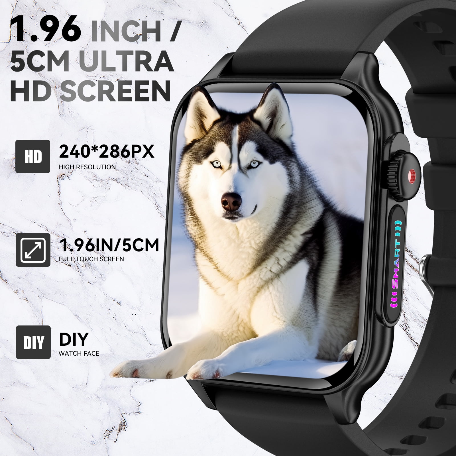 VOPOCO P6 Smart Watches for Men Women with 8 LED Lights Outdoor Smartwatch with 1.96" HD Big Screen Watch Compatible with iOS Android, 1pc