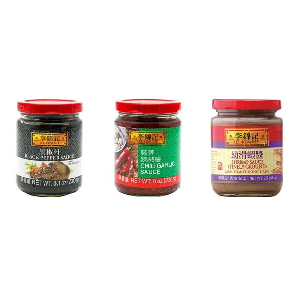 NineChef Brand Spoon Plus 3 Pack Lee Kum Kee Cooking Sauce, 3 Flavors(Black Pepper Sauce,Chili Garlic Sauce,Finely Shrimp)