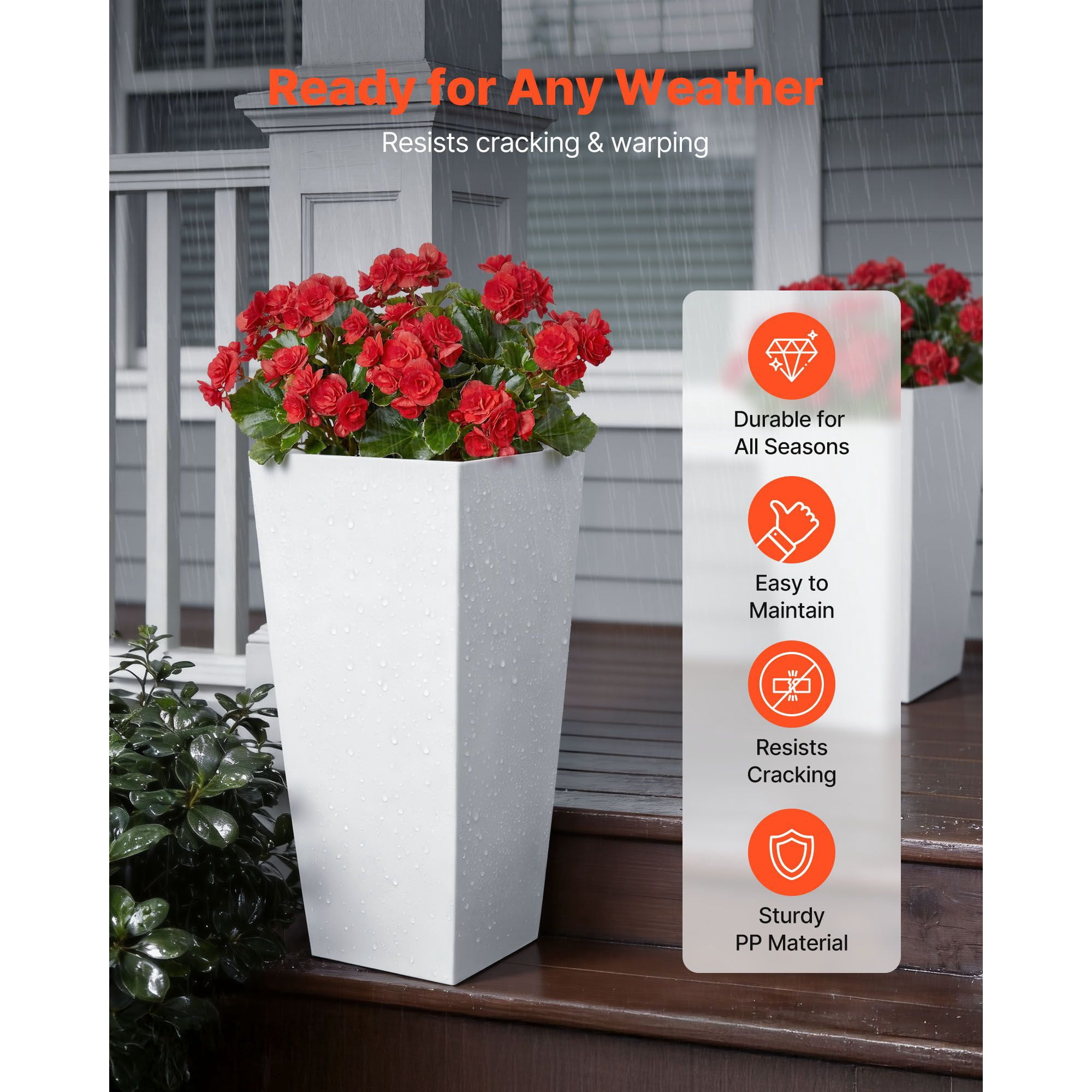 26 Inch Tall Planters Set of 2, Large Outdoor Taper Flower Pots with Casters Drainage, Front Porch Patio Garden Planter Indoor White