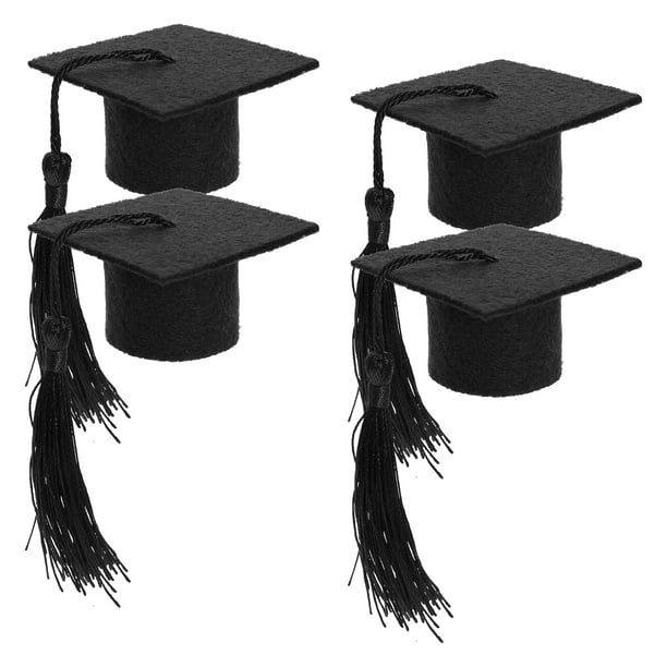 4 birretes de graduación con adornos para botellas de vino, mini sombreros de doctorado con borlas.