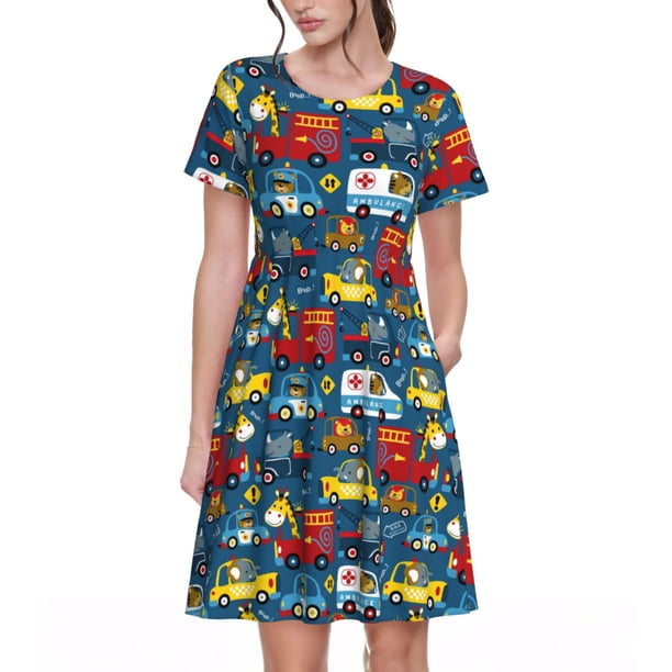 Easygdp Vehicles Cartoon with Funny Drivers,Animal Drivers para Vestido Transpirable de Mujer, Vestido Suelto de Manga Corta con Pliegues y Bolsillos para el Verano