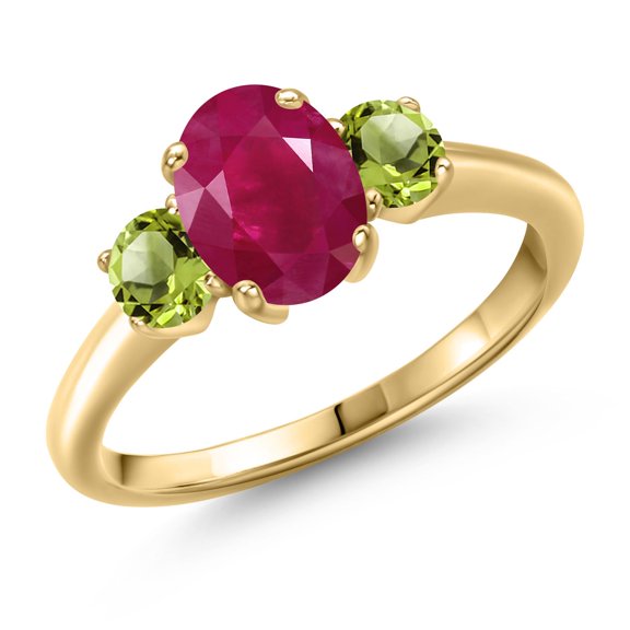 Gem Stone King 2.20 Ct Oval Red Ruby Green Peridot 18K Yellow Gold Plated Silver Ring (Size 9)