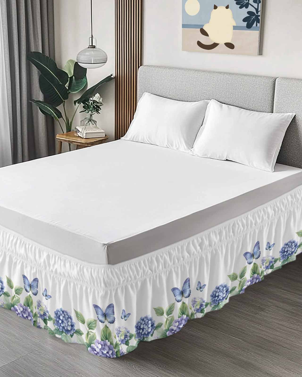 Flower Butterfly Wrap Around Bed Skirts for King Bed 18" Drop, Bed Skirt with Adjustable Elastic Belt Dust Ruffle Bed Valance for Bedroom Hotel Luxury Blue Purple Watercolor Wilflower Bed Frame Cover