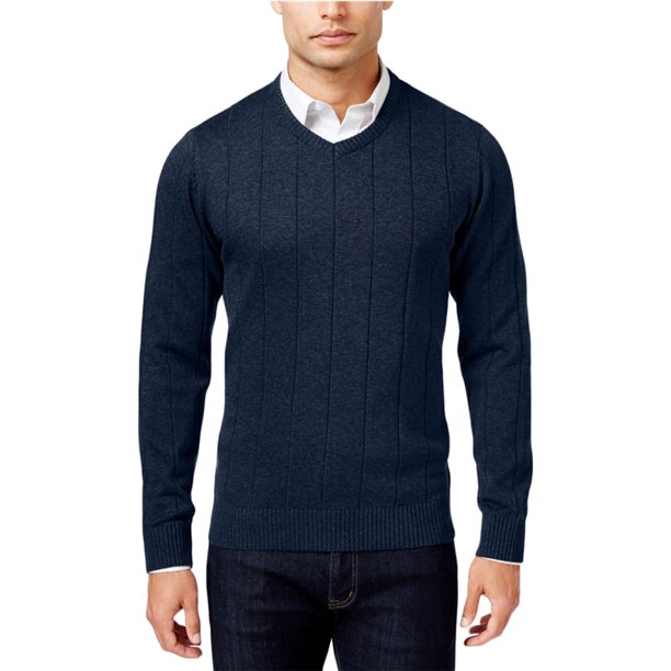 John Ashford suéter de punto con textura de rayas y cuello en V para hombre, azul, extragrande