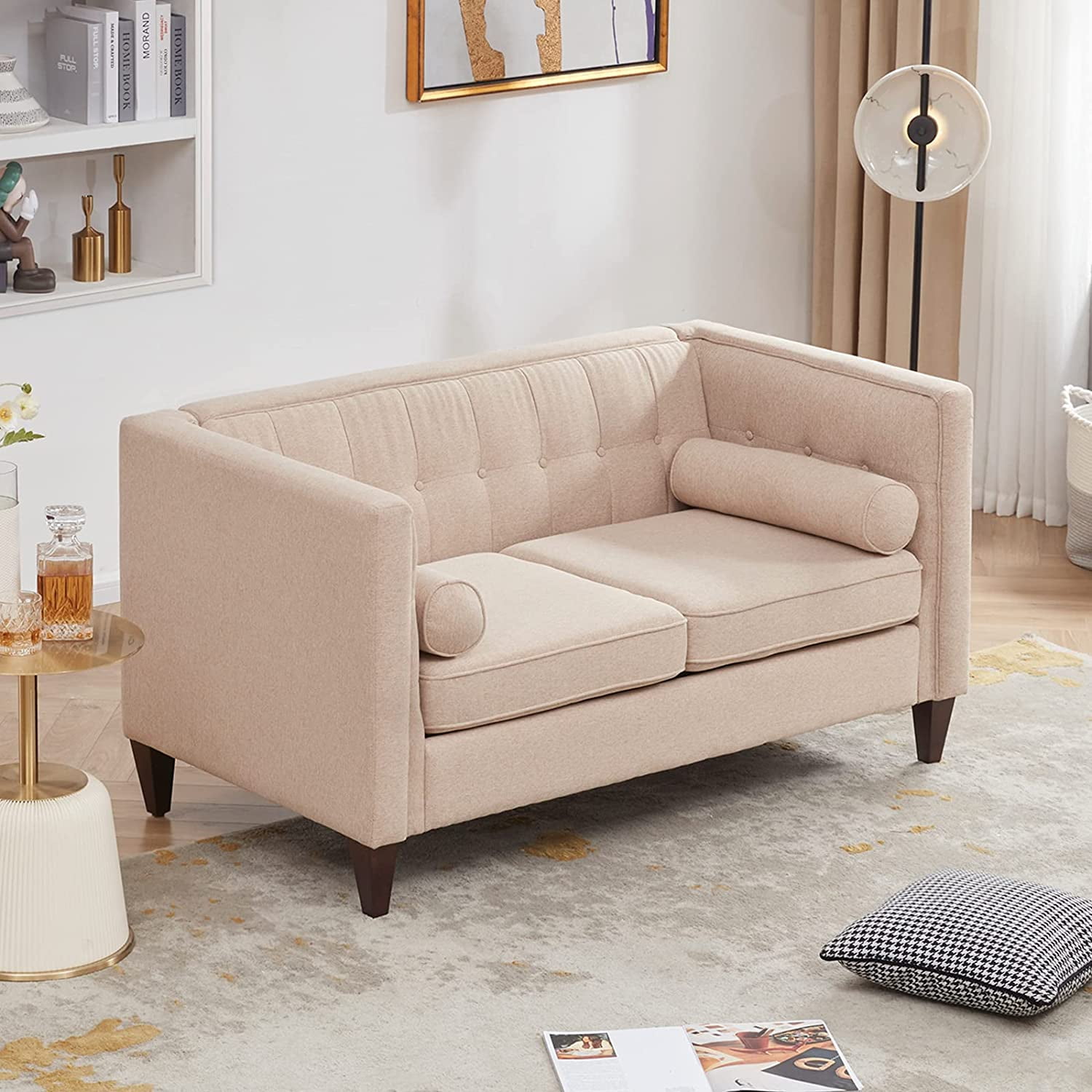 Dreamsir 58" W Fabric Sofa, MidCentury Love Seats Sofa Furniture with Bolster Pillows, Button