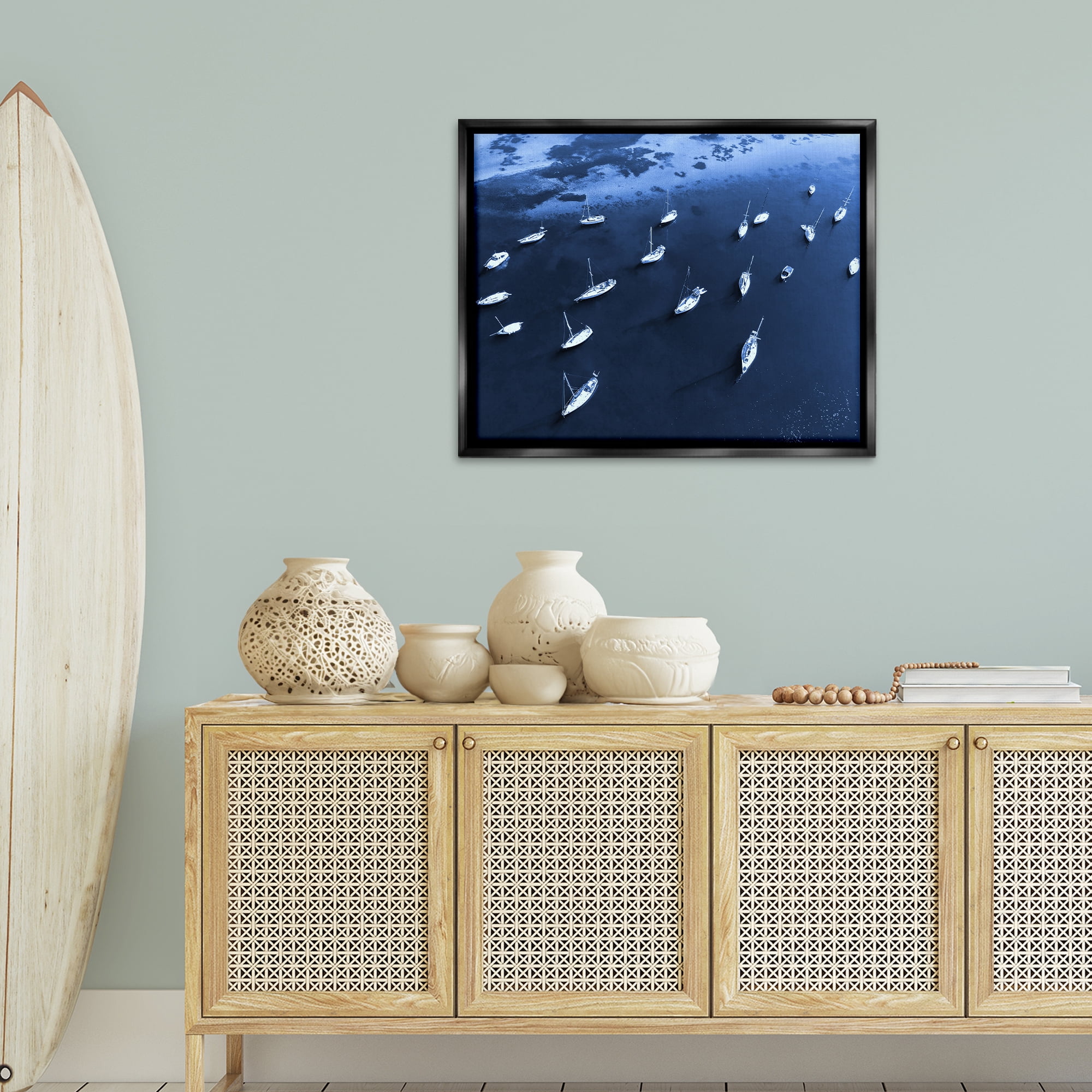 Stupell Industries Scattered Boats on Sea Transportation Photography Black Floater Framed Canvas Art Print Wall Art, 31 x 25