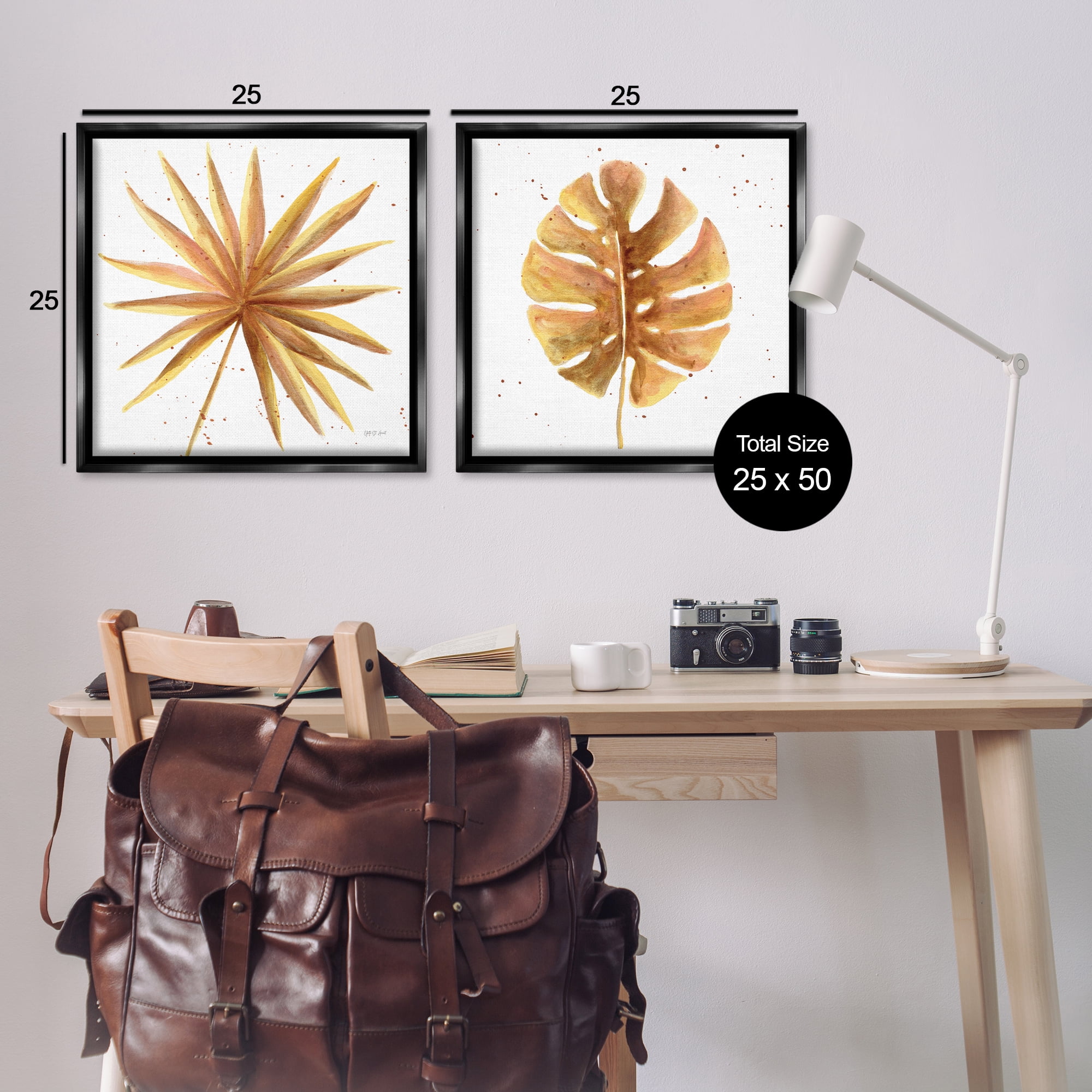 Stupell Industries Golden Palm Monstera Leaves Plants & Flowers Painting Black Floater Framed Canvas Art Print Wall Art, 25 x 25, Set of 2