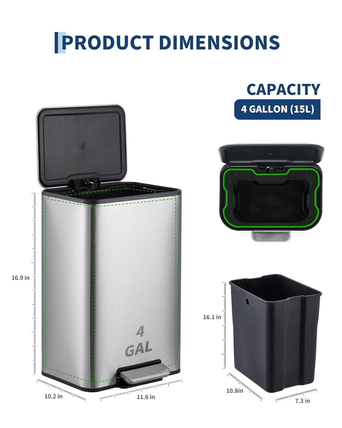 4 Gallon Bathroom Trash Can,Small Stainless Steel Garbage Can with Soft-Close Lid, Foot Pedal & Removable Inner Bucket, Rectangular for Home,Office,Silver