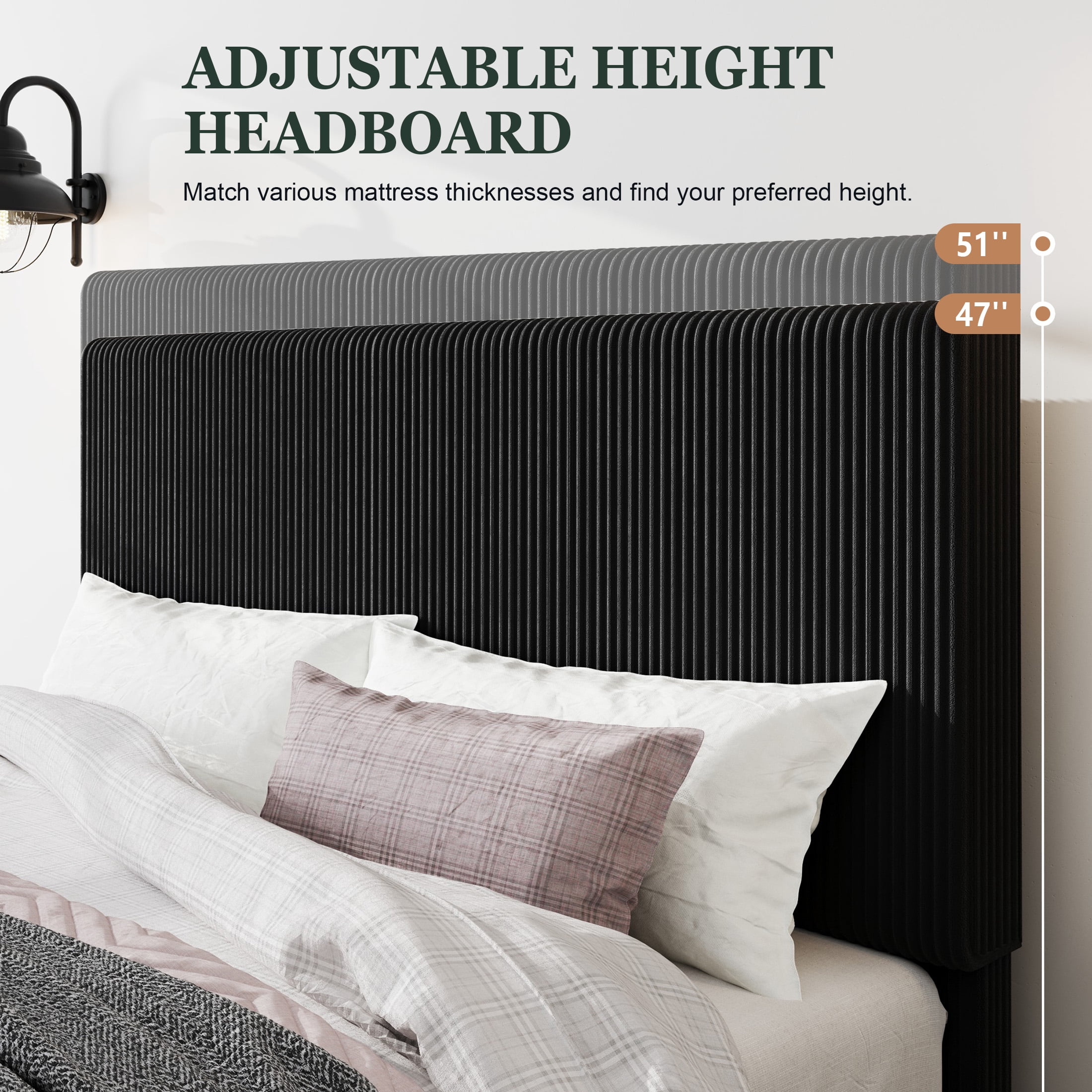 Amolife Full Size Platform Bed Frame with Corduroy Fabric Upholstered Adjustable Height Headboard, Black